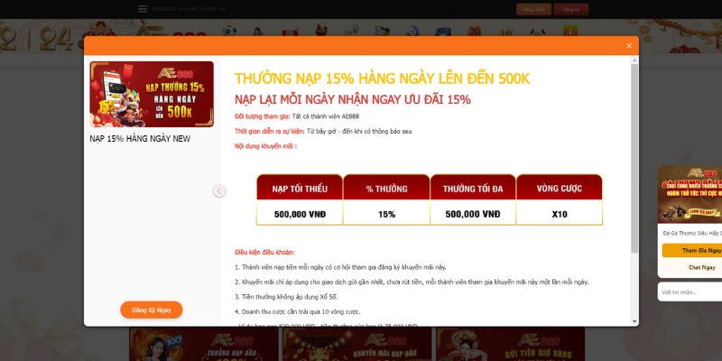 Thưởng nạp lên đến 15%